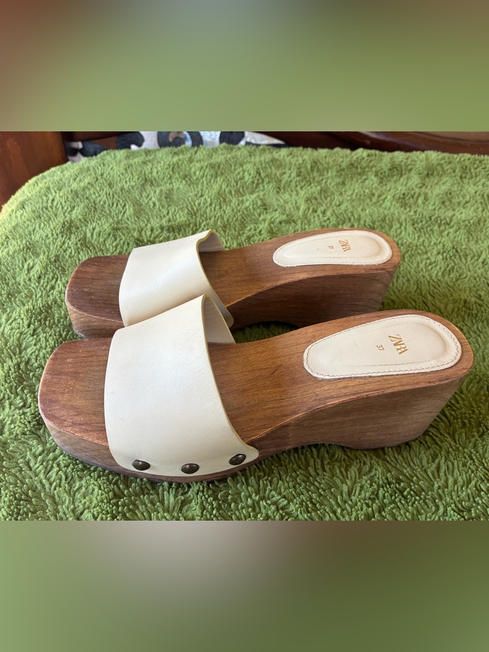 Zara Cream Leather Wood-Platform Mules